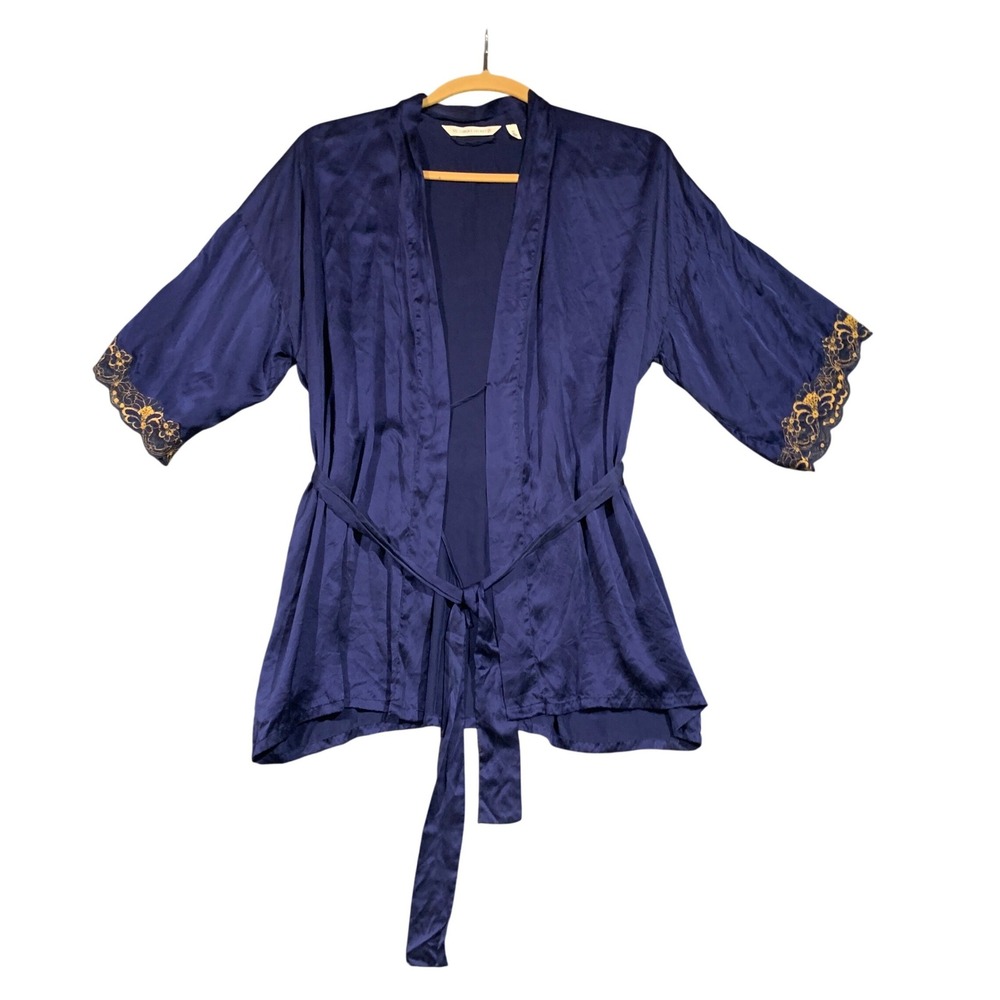 Victorias Secret 100% Silk Robe Royal Blue Gold Lace Trim Kimono Small